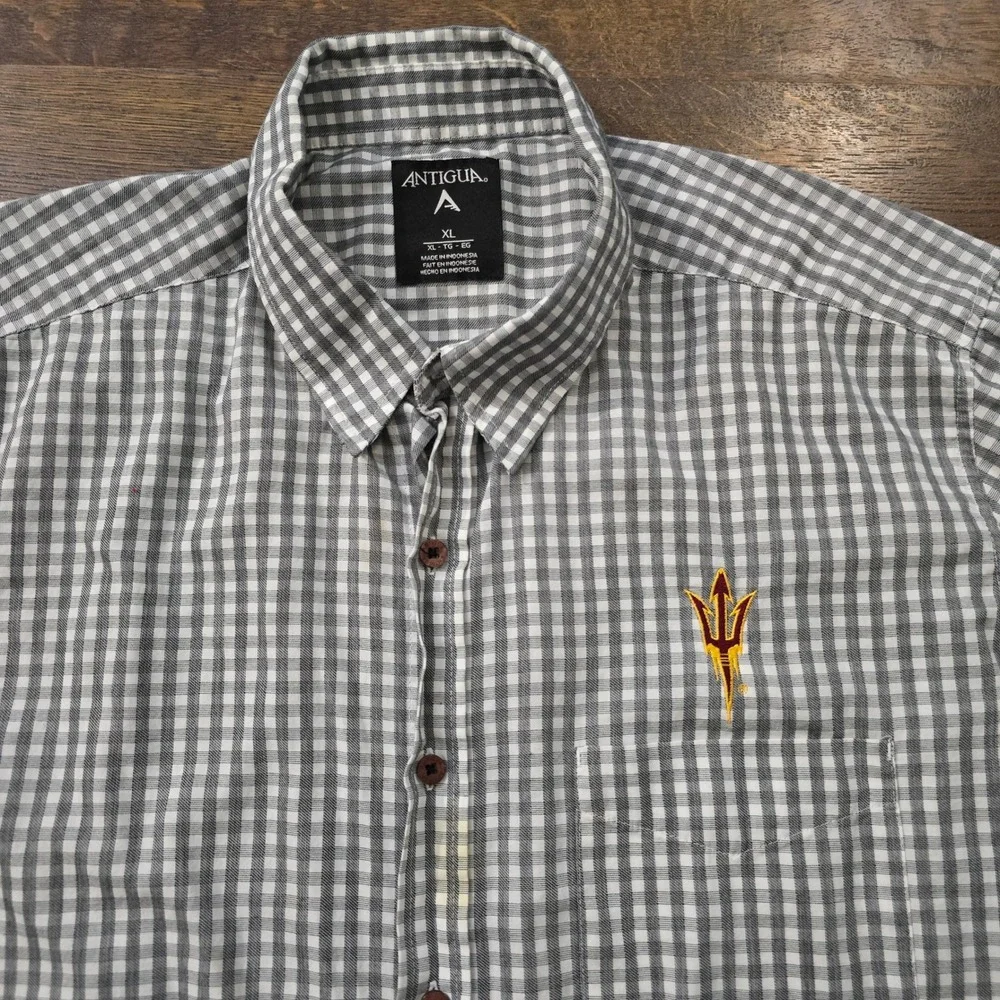 Antigua Mens XL ASU Sun Devils Gingham Button Down Shirt Grey White Long Sleeve
